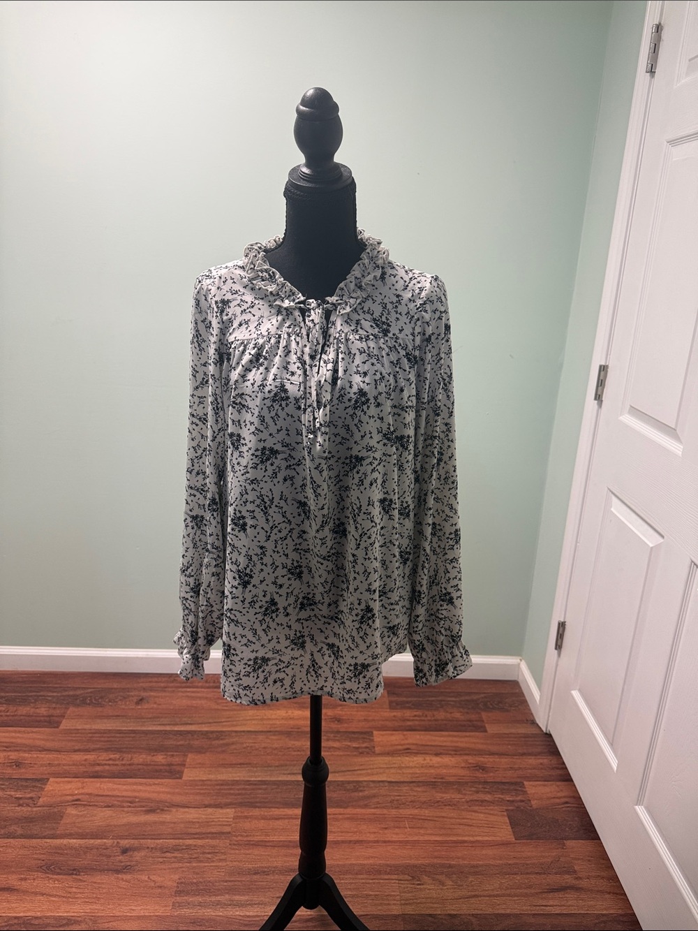 Cozy Casual Black & White Floral Tie-Neck Blouse